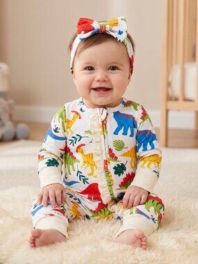 NWT | PatPat Girls Colorful Dinosaur Ruffle Bamboo Onesie & Headband Set | 6-9M